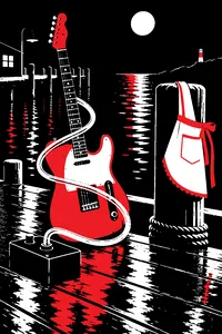 A talk box tube coiled around a guitar on a wet dockside at night, a diner waitress apron hanging from a pier post.