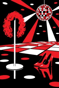 A curly blonde wig on a stand next to a glittering 80s dance floor, colored lights reflecting off a lone pair of heels.