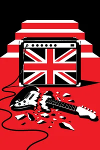 A Union Jack-patterned amplifier with a guitar smashed in front of it and four stair steps leading up behind.