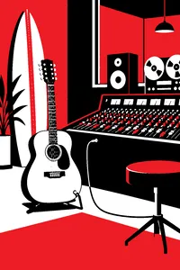 A twelve-string guitar plugged directly into a vintage recording console, a surfboard leaning against the studio wall.