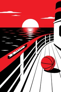 A tin whistle resting on the bow railing of an ocean liner at sunset, a basketball rolling across the deck.