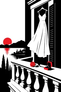 A white dress hanging from a stone balcony, a single rose and a ring box on the railing below.