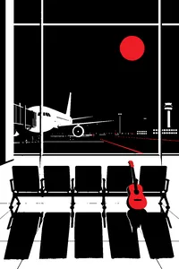 Five airport-terminal chairs facing a giant window at night, an acoustic guitar leaning against one of them.
