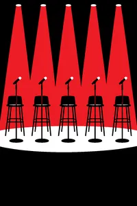Five tall bar stools on a soundstage, all empty, with five microphones on stands placed one step in front of them.