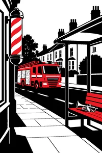 A barber's pole beside a fire engine and a bus shelter on a quiet English street, a piccolo trumpet on the bench.