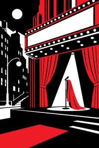 A theater marquee and stage curtain at night in Harlem, a single microphone and a cape draped over it.