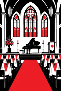 The interior of a small church with a grand piano, rows of choir robes on chairs and stained glass windows.