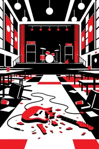 A university dining hall with long tables pushed aside, a smashed guitar and towering amplifiers on a low stage.