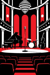 A grand concert hall in Berlin with a single microphone on a stand and a jazz trio's instruments behind it.