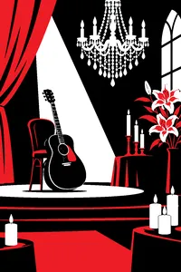 A dim stage set with candles, stargazer lilies, an acoustic guitar and a crystal chandelier.