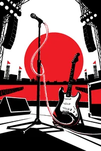 A talk box tube looped over a microphone stand with a gleaming electric guitar on a huge outdoor stage.