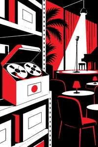A dusty reel-to-reel tape box on an archive shelf next to a small Miami nightclub stage with a microphone.