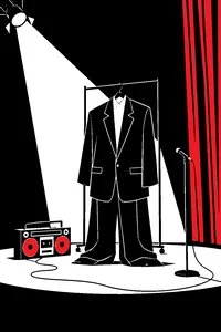 An enormous oversized suit on a hanger on an empty stage beside a portable boombox.