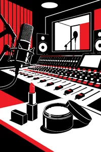A recording studio mixing console with a microphone, a pot of white face paint and a tube of red lipstick on the desk.