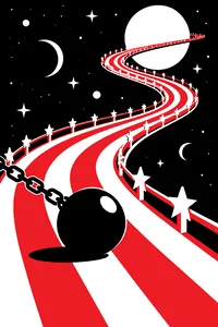 A translucent rainbow road with star-shaped guardrails spiraling through deep space, a chained iron ball rolling down it.