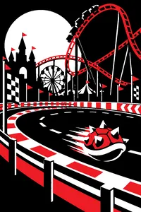 A tiny oval race track inside an amusement park, a roller coaster looping overhead and a spiked shell circling the track.