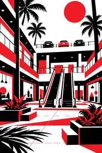 A tropical shopping mall atrium with escalators, potted palms and toy cars parked on a rooftop lot.