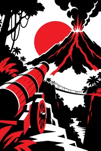 A wooden barrel cannon aimed up the side of a smoking volcano with a rope bridge across a jungle gorge.