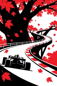 A race track running along the branches of a giant autumn maple tree, red leaves falling everywhere.