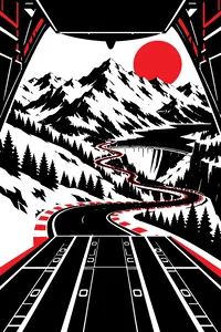 A cargo plane's open rear door above a snowy mountain, a race track winding down past a dam and pine forest.
