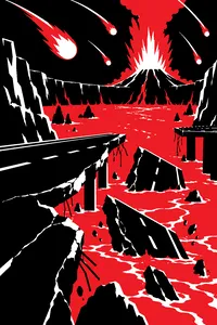 Broken slabs of road sinking into a lake of lava inside a volcano, fireballs arcing overhead.