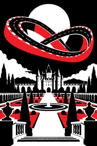 A twisting race track shaped like a figure-eight Möbius strip floating above a castle garden.
