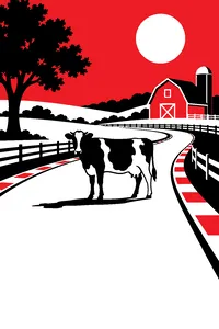 A sunny country race track through green fields with a cow standing in the road and a red barn behind.
