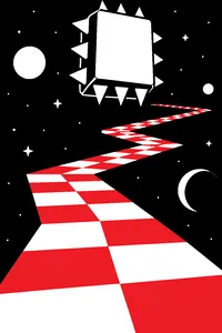 A narrow pixel rainbow road with no railings zigzagging through black space, a stone block with spikes hovering over it.
