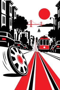 A steep San Francisco hill street seen from the crest, a single hubcap rolling down past cable car tracks.