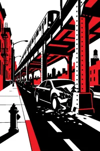 An elevated train track over a Brooklyn street, a crumpled sedan stopped beneath the steel pillars.