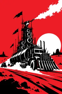 A spiked war rig tanker kicking up dust in an orange desert, a flamethrowing guitar rig mounted on a speaker tower.