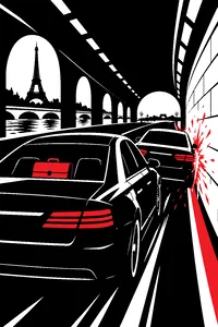 Two sedans racing through a narrow Paris tunnel, sparks along the wall and a briefcase on a back seat.