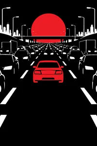 A sedan driving the wrong way on a crowded freeway, headlights of oncoming traffic stretching to the horizon.