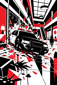 A battered black-and-white police sedan smashing through an empty shopping mall, storefront glass flying.