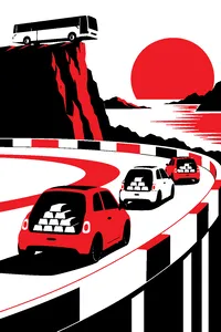 Three small cars on a rooftop test track, gold bars stacked in their back seats, a bus balanced on a cliff edge behind.