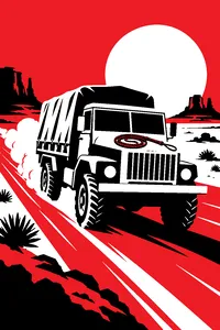 A canvas-covered military truck speeding on a desert road, a bullwhip coiled on the hood.