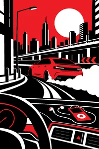 A red sports sedan drifting around a city corner, a pair of earbuds and an old music player on the dashboard.