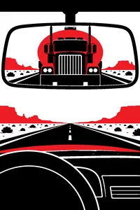 A rusty tanker truck filling the rear-view mirror of a small car on an empty desert highway.