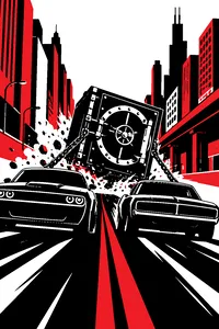 A huge steel bank vault on chains swinging through a city street, two muscle cars straining ahead of it.