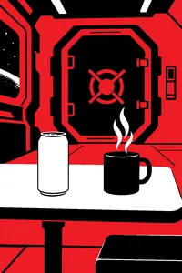 A lone beer can and a steaming coffee mug on a steel mess-hall table aboard a dim spaceship, a heavy airlock door behind.