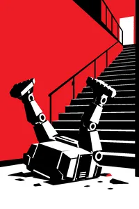 A huge two-legged security robot toppled on its back at the bottom of an office stairwell, its legs in the air.