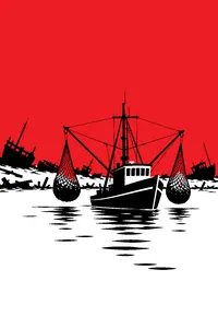 A single shrimp trawler on calm water after a storm, nets bulging, wrecked boats scattered along the shore.