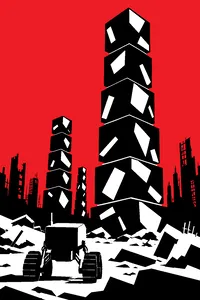 Towers of stacked trash cubes rising over an abandoned city, a small boxy rover robot at their base.