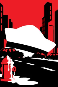 A giant white sailor hat lying in a city street among scorched cars, melted marshmallow dripping off a fire hydrant.