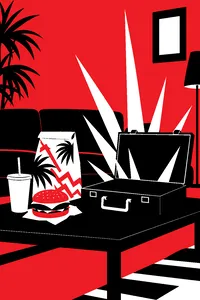 A fast-food burger, a paper soda cup and a tiki-print bag on an apartment coffee table, an open briefcase glowing beside them.