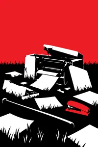 A smashed office printer in an open field, a baseball bat and a red stapler lying in the grass.