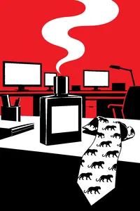 A cologne bottle on a newsroom desk with a cloud of green fumes rising from it, a panther-print tie draped beside it.