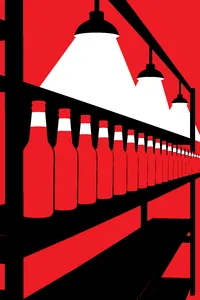 A long row of identical unlabeled red-and-gold beer bottles lined up on a prop-room shelf under work lights.