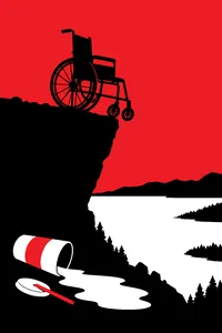 An empty wheelchair rolling off a cliff edge toward a lake, a fast-food soda cup spilled on the ground.
