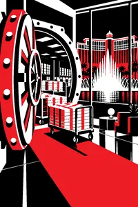 A casino vault door swung open onto stacks of cash on carts, a dancing fountain glowing outside a hotel window.